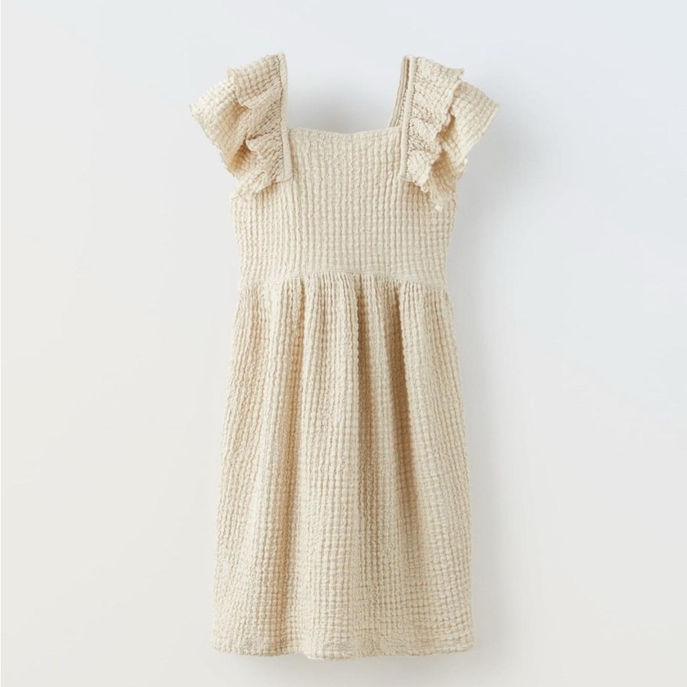 Zara girls beige short sleeve ruffle soft textured dress size 10 years